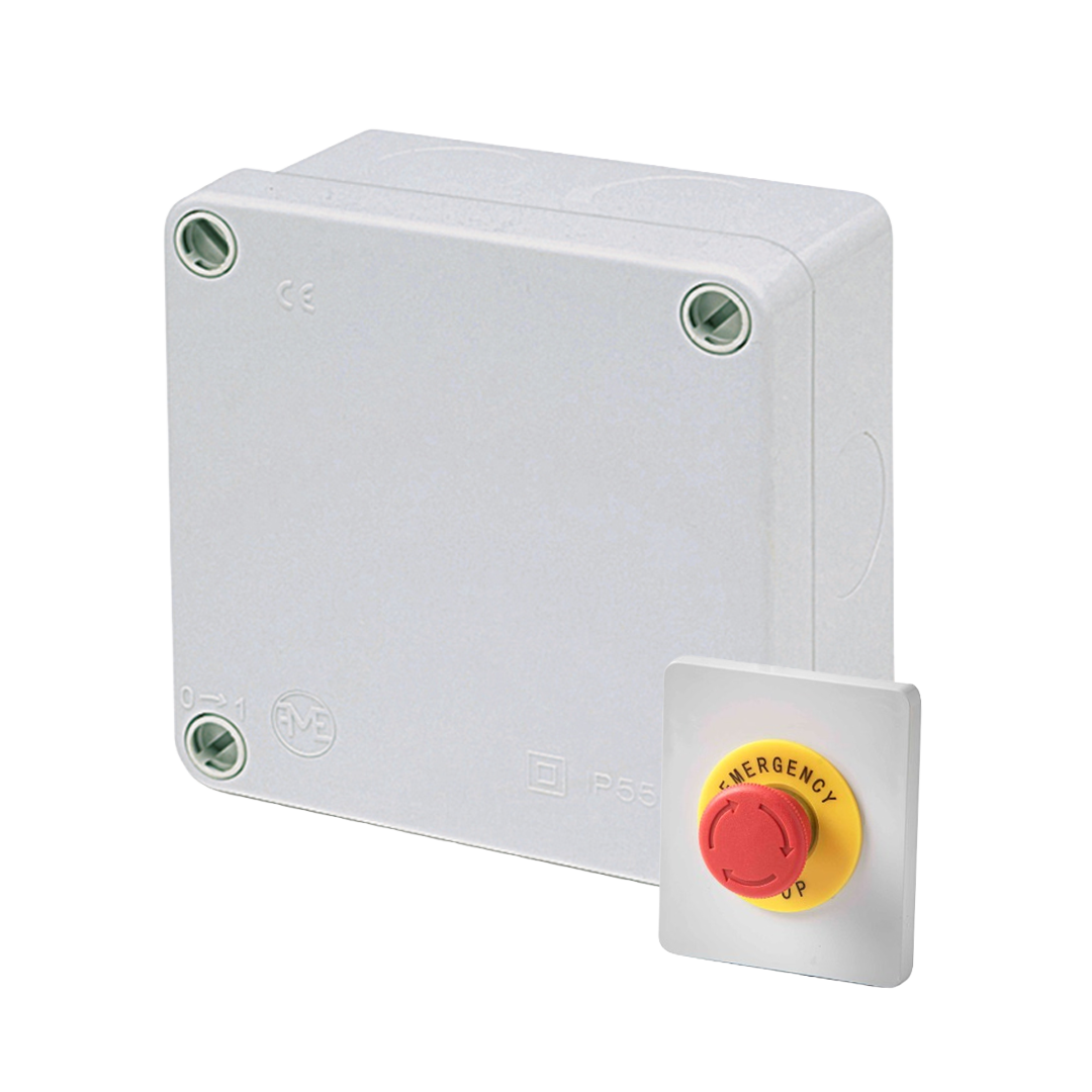 Caja Estanca Ciega IP55 - 103x103x55 mm - con boton de emergencia (NC)